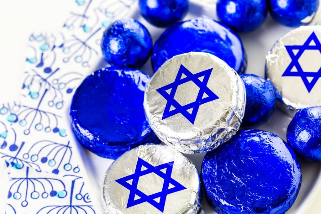 Hanukkah candies in  blue foild
